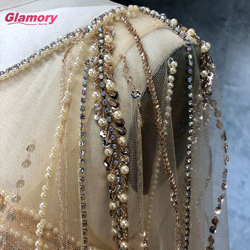 In Stock Luxury Cape Beaded Party Gown O Neckline Mermaid Evening Prom