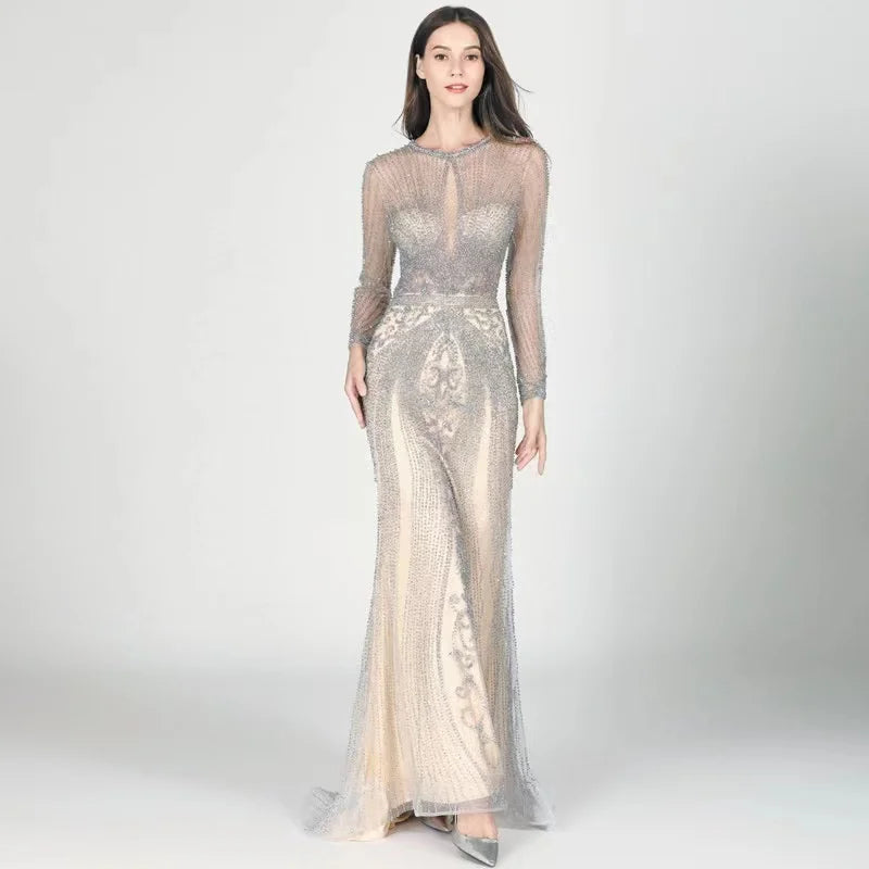 Dubai Long Sleeves Silver Grey Luxury Evening Dresses O-Neck Full Diamond Mermaid Formal Dress