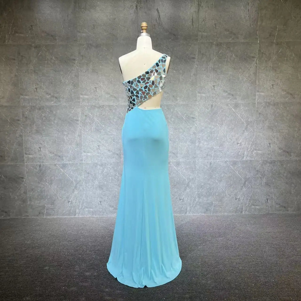 One-Shoulder High-Slit Long Prom Dress Glass Mirror Lady Preteen Girl Pageant Gown Formal Party Guest Runway