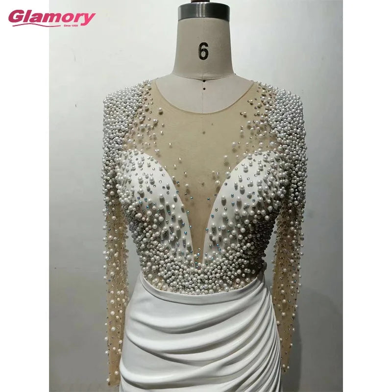 2020 New Women's Long Sleeve Vestido De Novia Pearl Split Wrapped Evening Dress O Neck African Women Formal Gowns