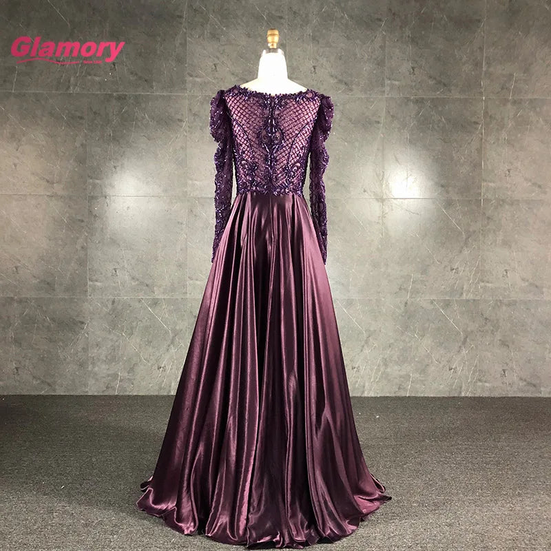 Purple Sleeve Sexy Gown Hand-Beading Satin a Line Evening Dress Elegant Formal Long Dresses for Fat Women