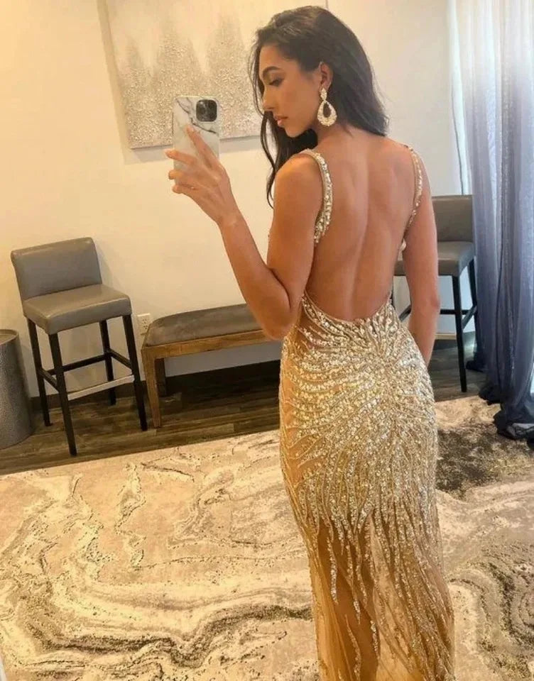 Mermaid Crystal Evening Dresses Luxury Beading Sequined Spaghetti Straps Sexy V Neck Backless Long Formal Party Prom Gowns