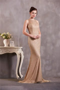Gold Halterneck Mermaid Prom Wholesale Evening Dresses Sequin Tulle Evening Dress