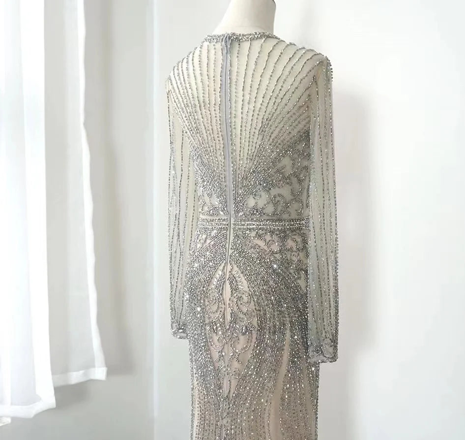 Dubai Long Sleeves Silver Grey Luxury Evening Dresses O-Neck Full Diamond Mermaid Formal Dress