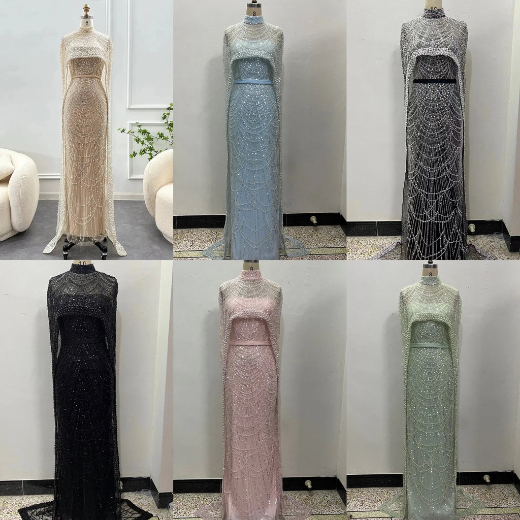Luxury Dubai Evening Dresses With Cape Heavy Pearls Formal Occasion Dresses for Women Arabic Wedding Party Gowns