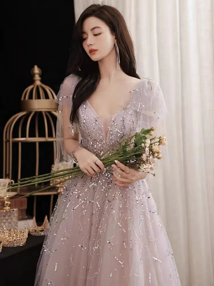 NEW  Women Elegant a Line Evening Dresses Illusion Deep V Neck Beading Party Evening Dresses