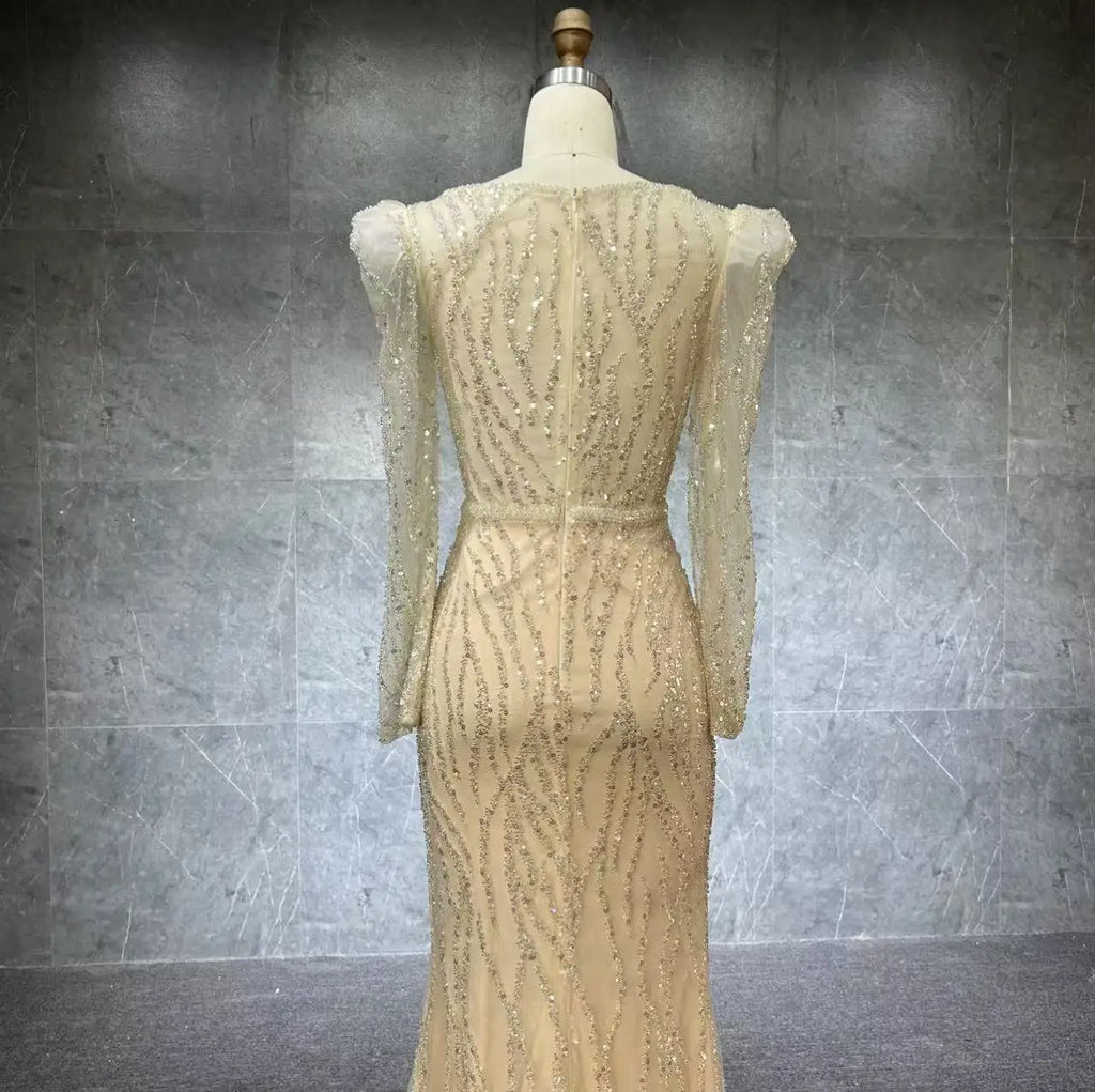 Muslim V-Neck Long Sleeves Mermaid Beaded Evening Dress Elegant Formal Party Gowns 2025 for Women