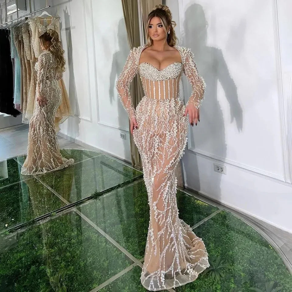 NEW 2024 Dubai Luxury Pearls Beaded Mermaid Evening Dress for Women at Wedding Party Nude Elegance