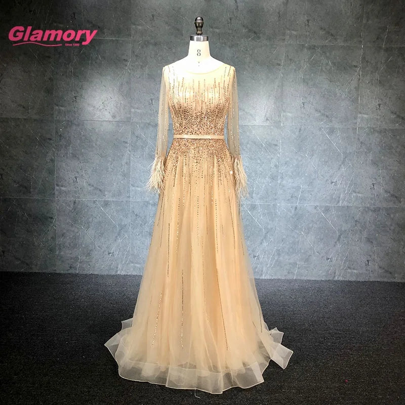 Luxury Beading Long Sleeve a Line Evening Prom Women Elegant Robe De Soiree