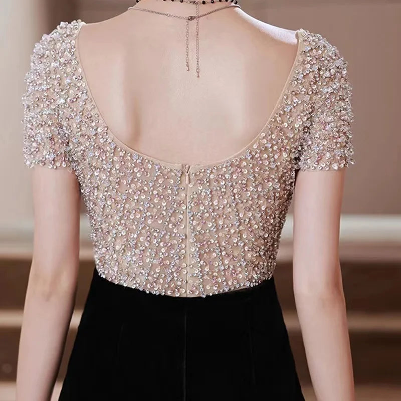 Black Velvet Midi Straight Evening  Dresses 2023 Luxury Dubai Crystal Ankle Length Arabia Women Wedding Party Gown