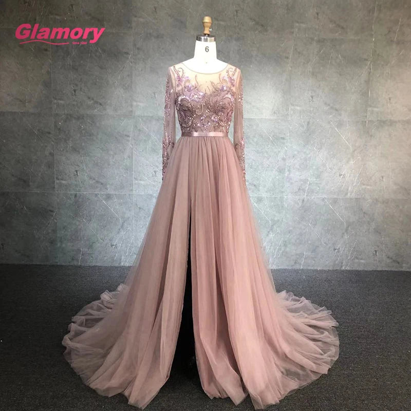 Pink 2020 New Elegant Full Sleeve Tulle Heavy Beaded With Belt Sexy Open Leg Prom Dress