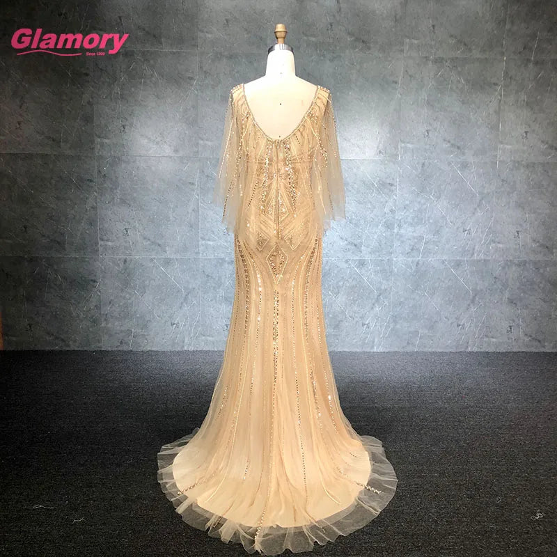In Stock Luxury Cape Beaded Party Gown O Neckline Mermaid Evening Prom
