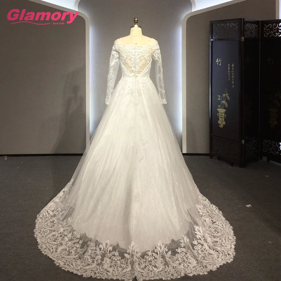Whit Sleeve Bridal Gowns Lace Beaded With Crystals Bride Plus Size Long Train Wedding Dress