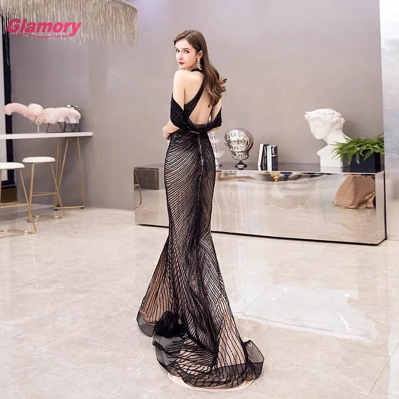 Elegant 2021 Women Ladies Halter Neck Beaded Luxury Front Slit Chaozhou Evening Dresses