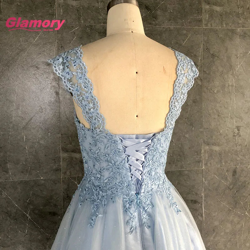 Wholesale 2020 Summer Blue Short Banquet Lace Appliqued Plus Size Beading Backless Homecoming Dress