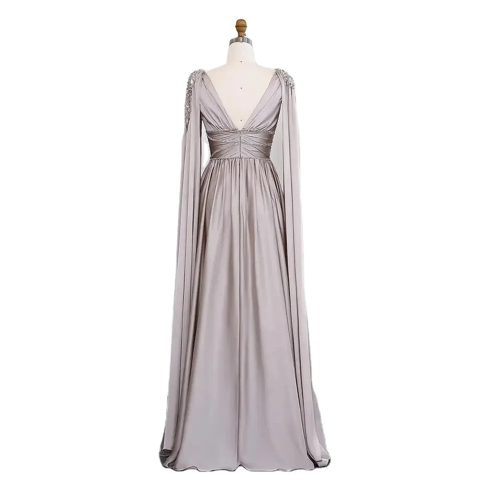 2025  Luxury Crystal Rose Gold Evening Dress With Cape Elegant V-Neck Turquoise Women Wedding Party Gown