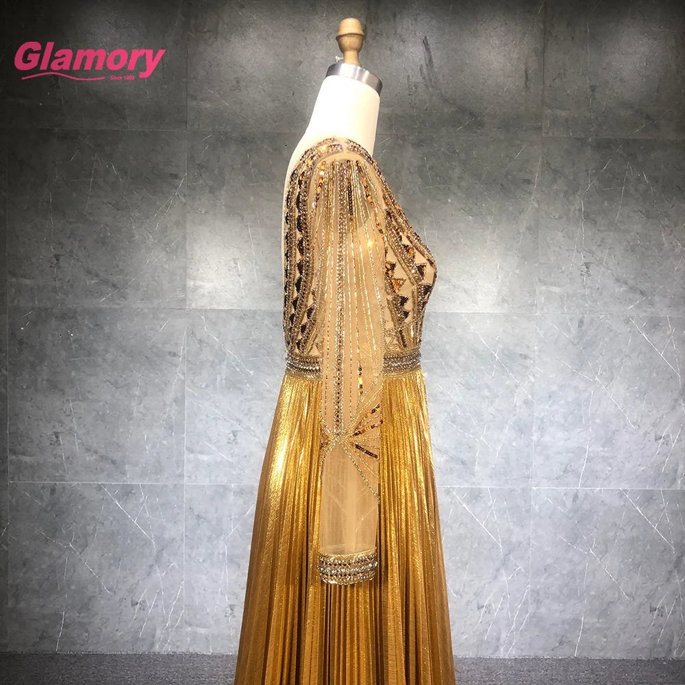 2021 New Collection Luxury Long-Sleeve V-Neck Party Gown for Fat Women Celebrity Sexy Evening Dress