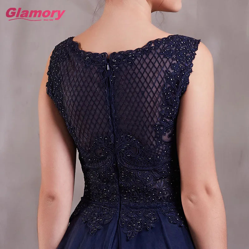 Dark Blue Long Wholesale Dresses Handmade Lace Ball Gown O-neck Floor-length Tulle Evening Dress