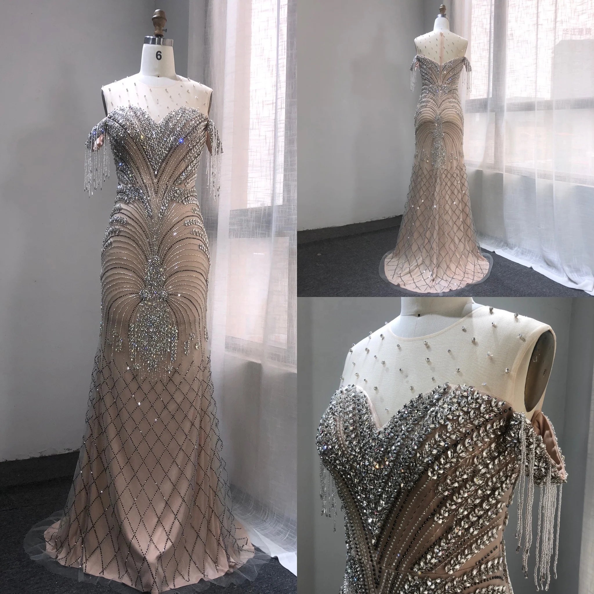 2025 New Illusion Shining Beading Formal Dresses Mermaid Prom Dresses Tassel Tulle Mermaid Evening Dresses