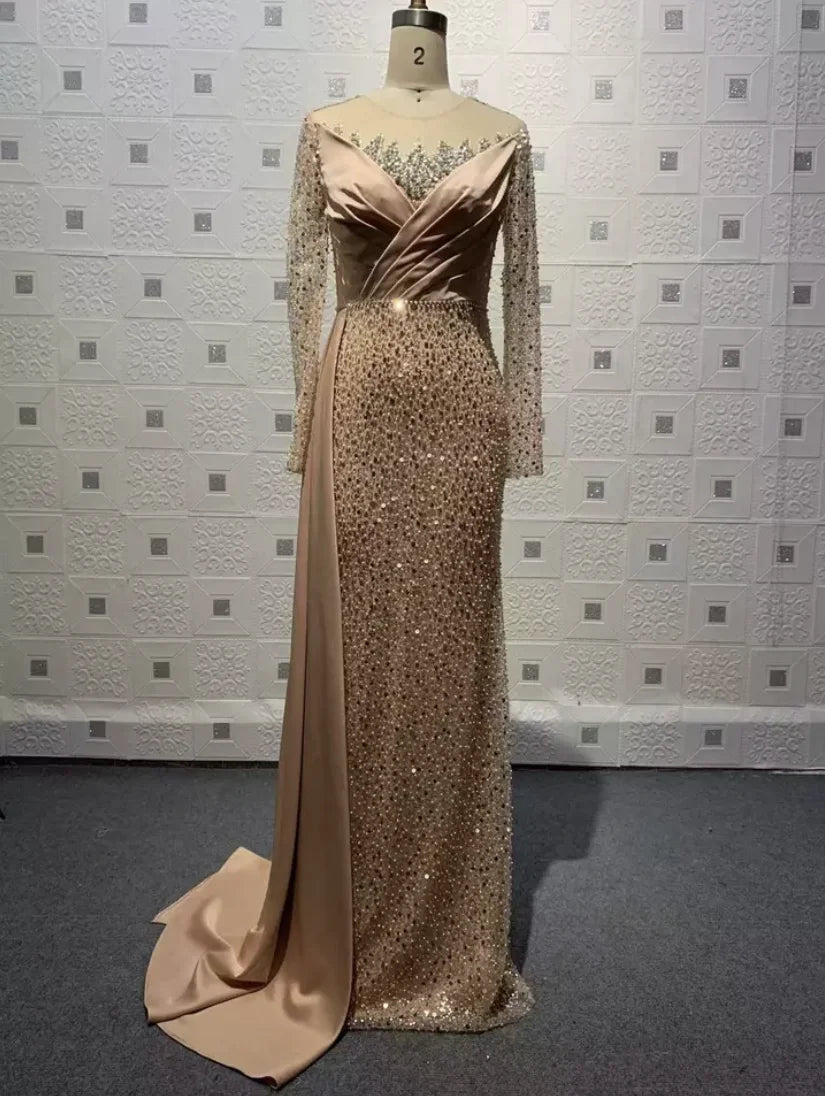 2022 Champagne Mermaid O Neck Banquet Sequin Long Sleeve Prom Dress Beaded Robe De Soiree Evening Dresses