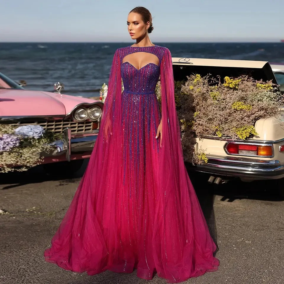 2024 Fuchsia Cape Sleeves a Line Beaded Evening Dresses Long Celebrity Gowns for Woman Wedding Party