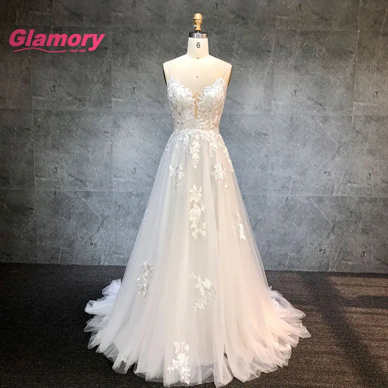 2020 Real Photo Gorgeous V Neck Floral Lace Beading a Line Floor Length Soft Tulle Wedding Dress