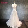 2020 Real Photo Gorgeous V Neck Floral Lace Beading a Line Floor Length Soft Tulle Wedding Dress