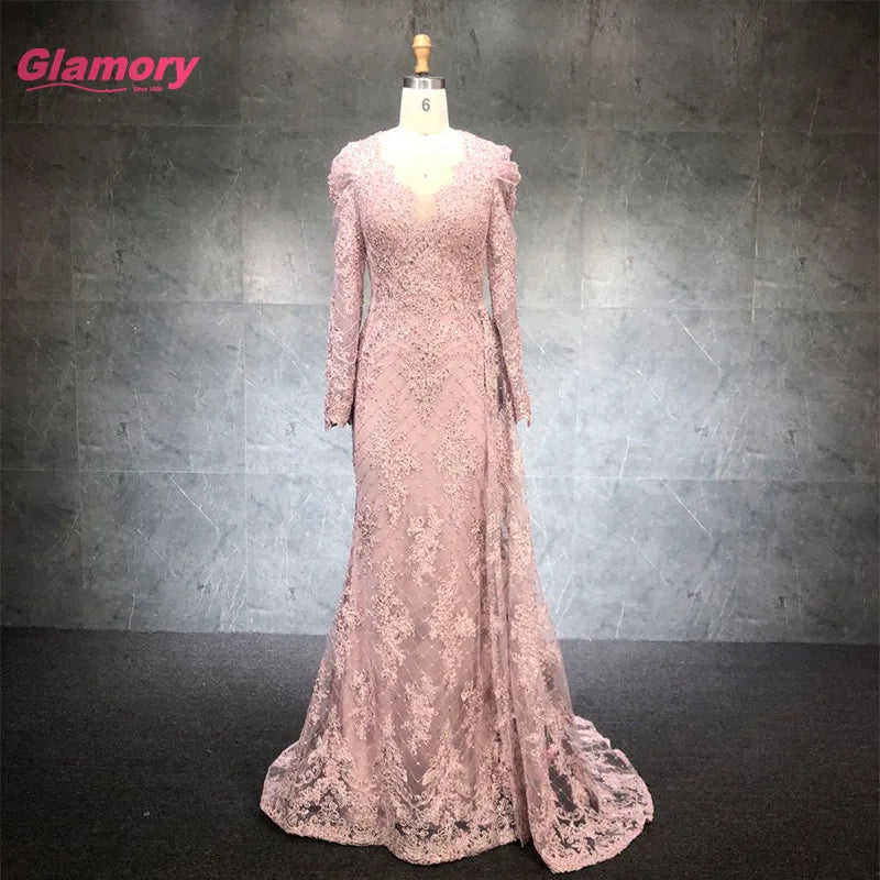 2021 New Arrival Long Sleeve Full Lace Evening Dresses Pink V-neck Embroidery Lace Evening Gown