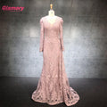 2021 New Arrival Long Sleeve Full Lace Evening Dresses Pink V-neck Embroidery Lace Evening Gown