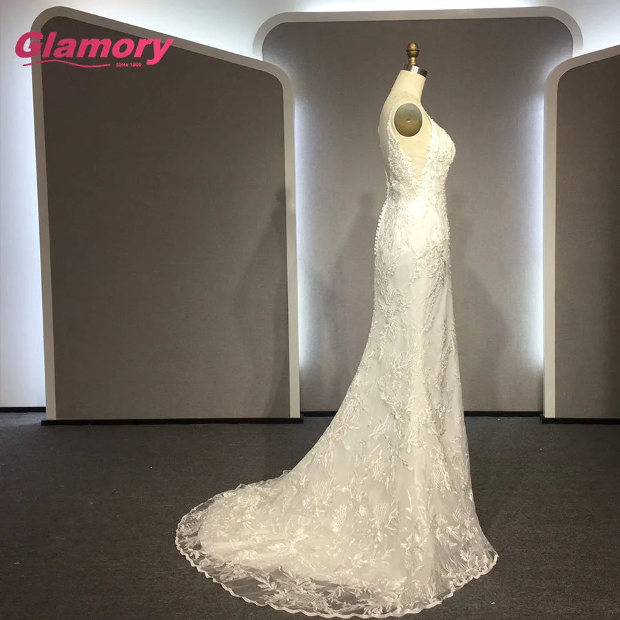 Elegant Vestido De Renda High Quality Long Lace Wedding Fitted Mermaid Bride Dress