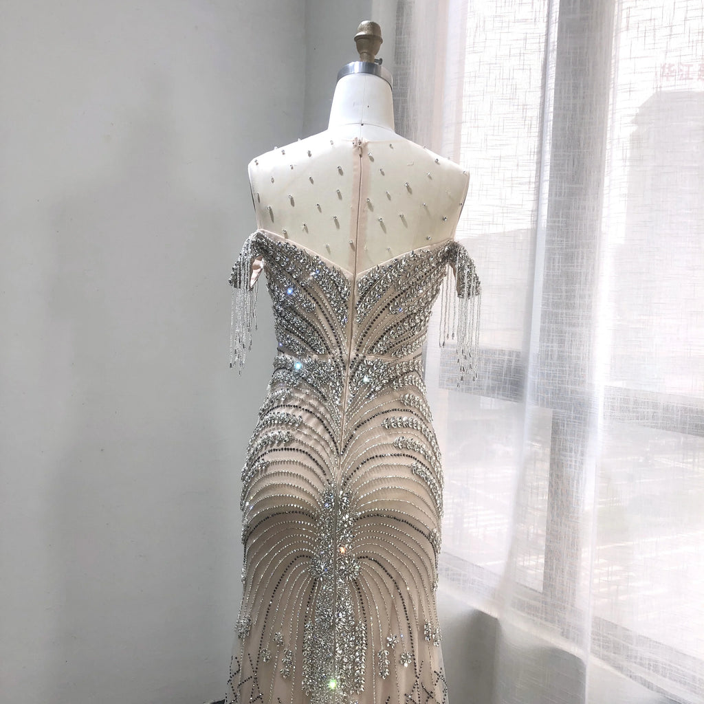 2025 New Illusion Shining Beading Formal Dresses Mermaid Prom Dresses Tassel Tulle Mermaid Evening Dresses