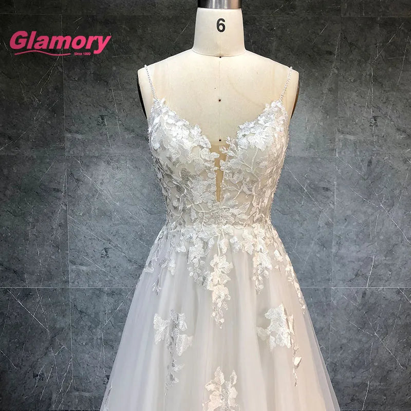 2020 Real Photo Gorgeous V Neck Floral Lace Beading a Line Floor Length Soft Tulle Wedding Dress