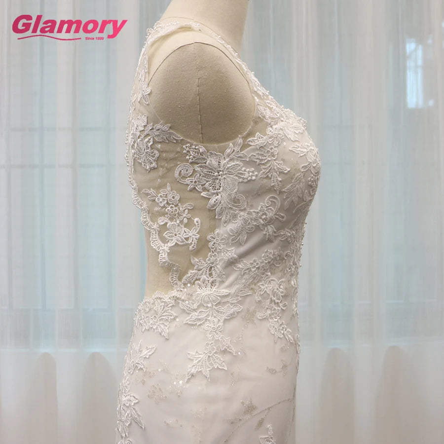 White Mermaid Vestidos De Novia Sleeveless Floor Length Beaded Dresses Lace Applique Backless Wedding Gown