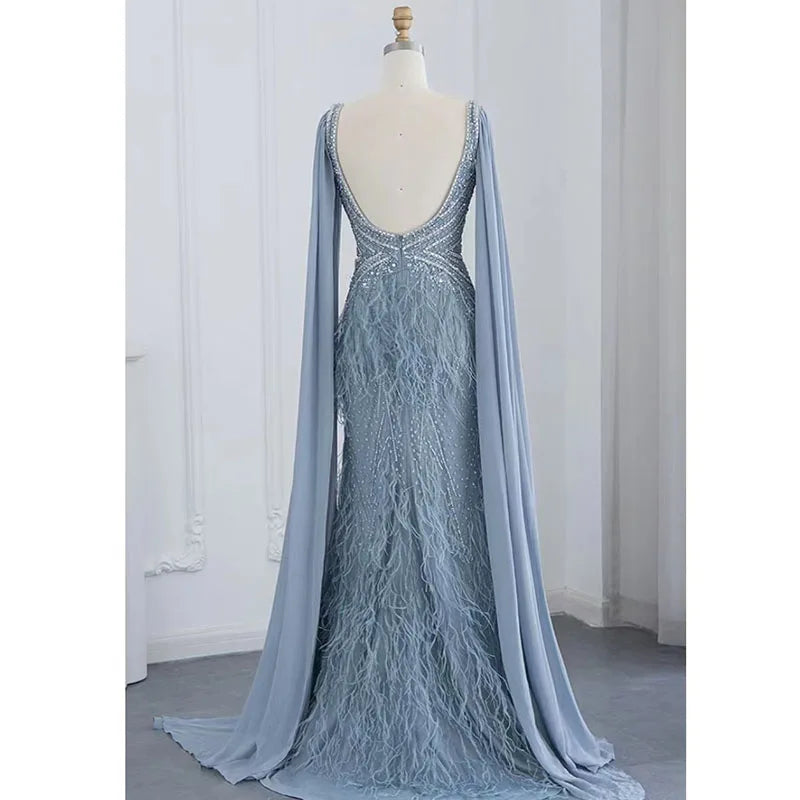 Blue Mermaid Cape Sleeves With  Feather V Neck Evening Dresses Beaded Party Gowns for Women