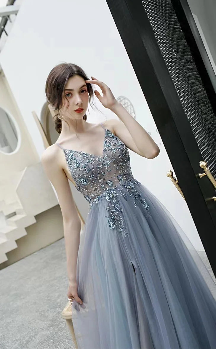 Sexy Spaghetti Straps Evening Dresses New Arrival V-Neck Rhinestones Beading Formal Prom Gowns With Slit Robe De Soiree