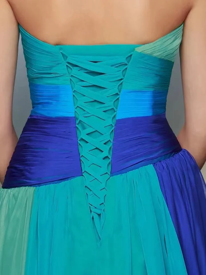 A-Line Prom Dresses Color Block Sleeveless Strapless Satin With Pleats Party Evening Party Gown