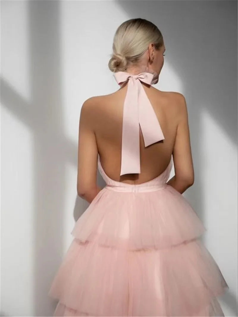 Birthday Party Gown Tea Length Pleated a Line Tulle Pink Halter Bacs Pklesrom Dresses for Women