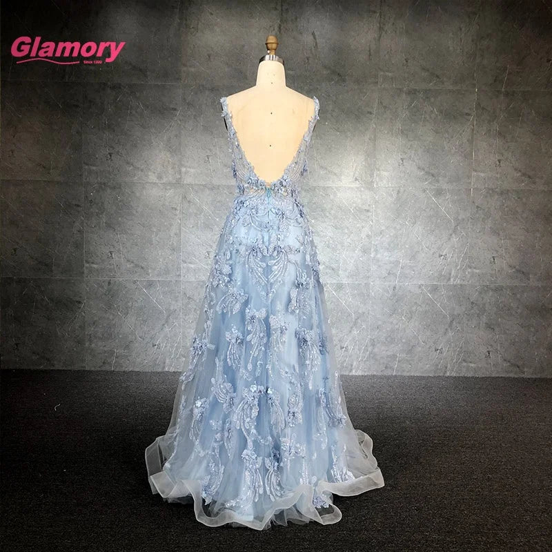 Latest Design V-neck 3D Flower Appliques A-Line Prom Dress Women Party Dresses Prom Gowns