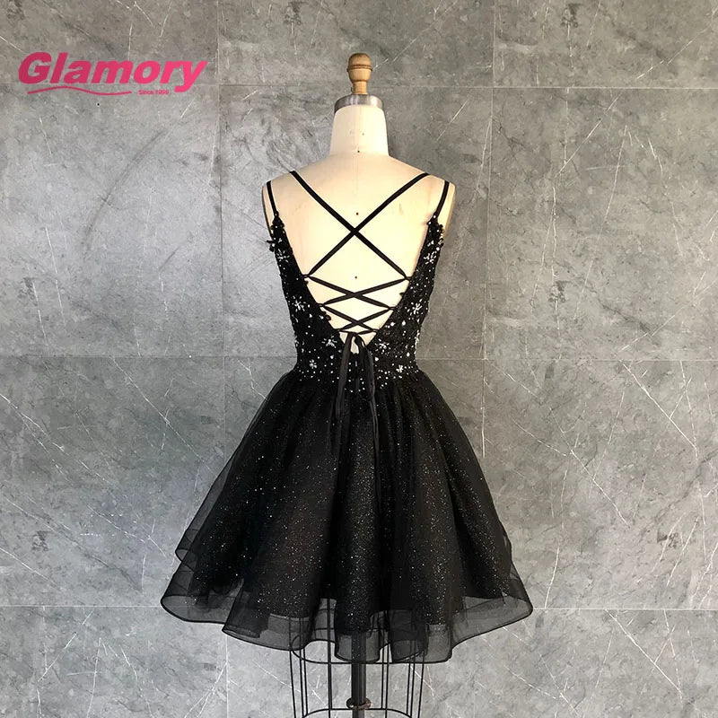 Hot Sale Club Party Dress Black Lace Applique Deep V Neck Sexy Backless Big Size Above Knee Mini Evening Dresses