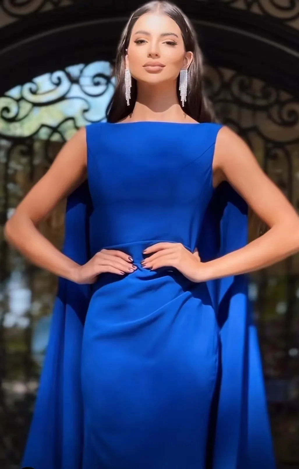 Blue / White Woman Elegant White Tight Mermaid Cape Sleeve Party Evening Bridesmaid Dresses