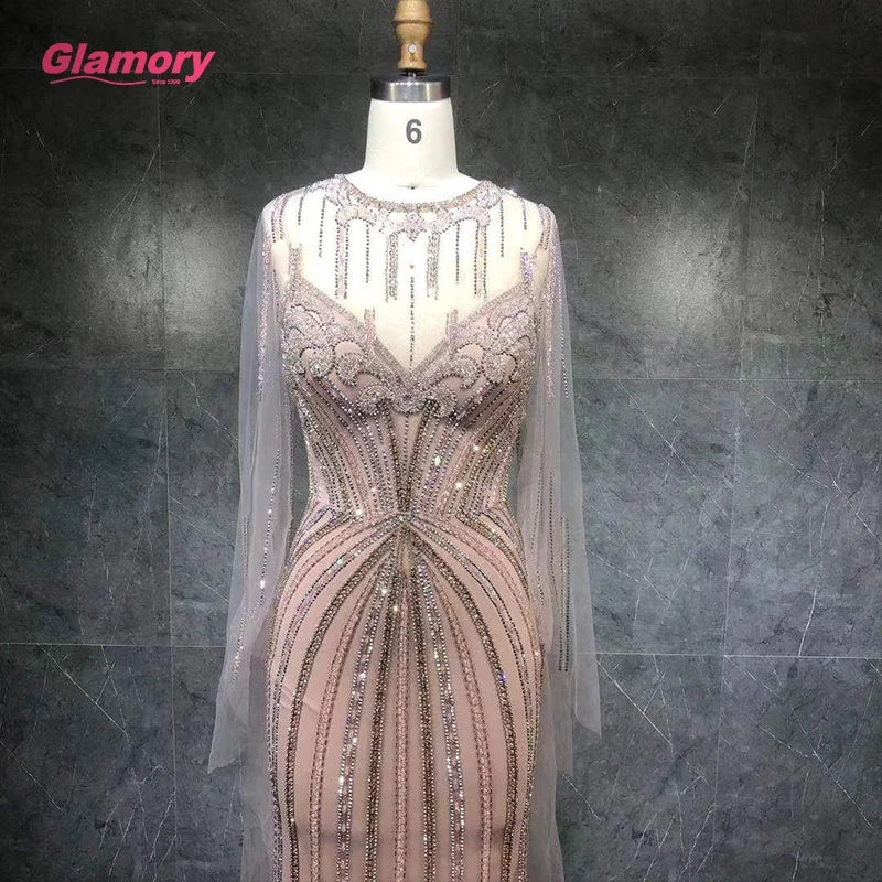 2021 New Design Sexy V Neck Long Sleeves Mermaid Heavy Beaded  Crystal Evening Dresses for Women