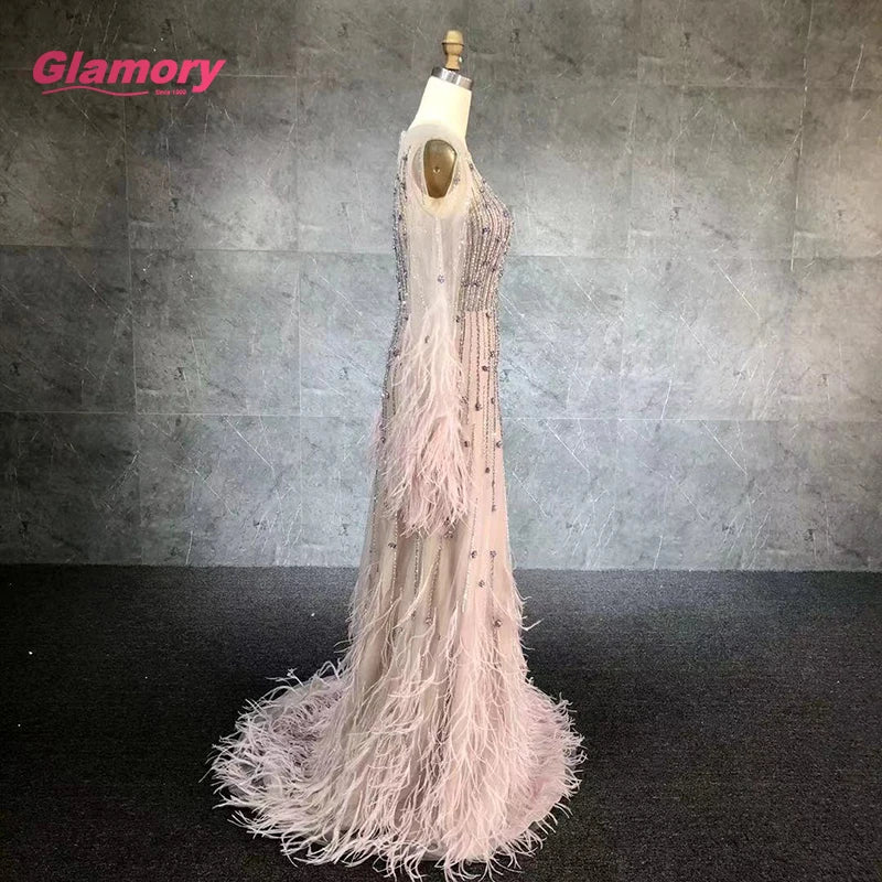 Romantic Lavender Party Newest Beading Long Sleeve With Ostrich Feather Ball Gown Evening Dress