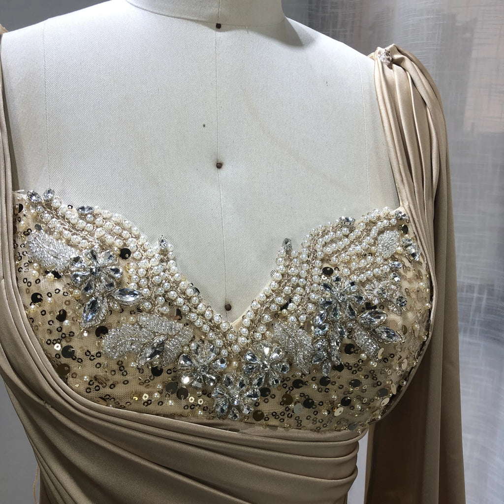 2021 Long Sleeves Mermaid Evening Dresses Long Satin Party Gowns Beading Elegant Evening Dresses for Women