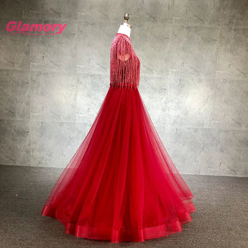 Hot Sale New Style Evening Party Tassel Beading Custom A-Line Women Burgundy Prom Dress