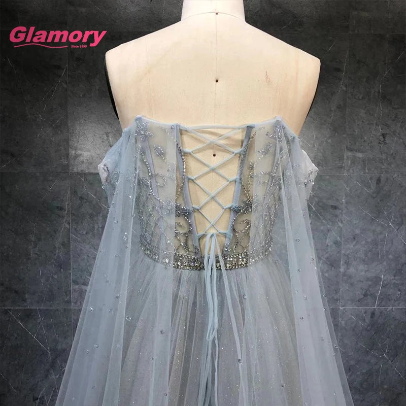 New Style Banquet Evening Dress Off-shoulder Semi Transparent Sexy Beading Tulle Prom Dresses
