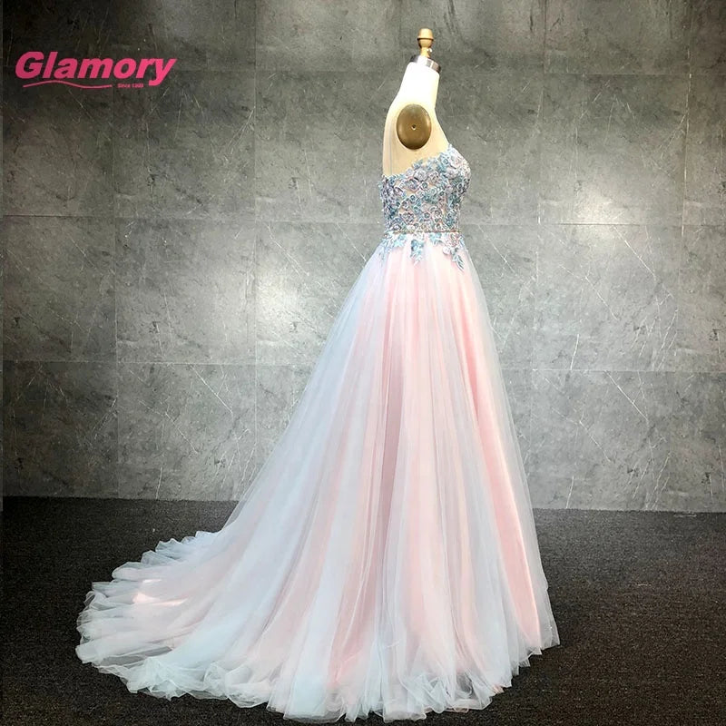 Latest Designs Flower Embroidery Prom a Line Spaghetti Strap Hot Drill Dress Long Formal Evening Gowns