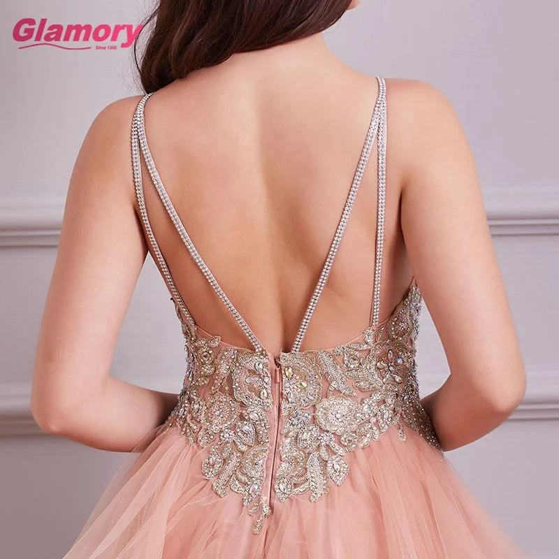 Design 2020 Pink V-Neck Lace Embroidery Dress A-Line Sleeveless Sexy Evening Gowns