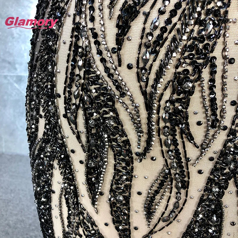 Black O-neck Prom Dresses Handmade Beaded Mermaid Evening Gowns Backless Long Vestidos Party Gown