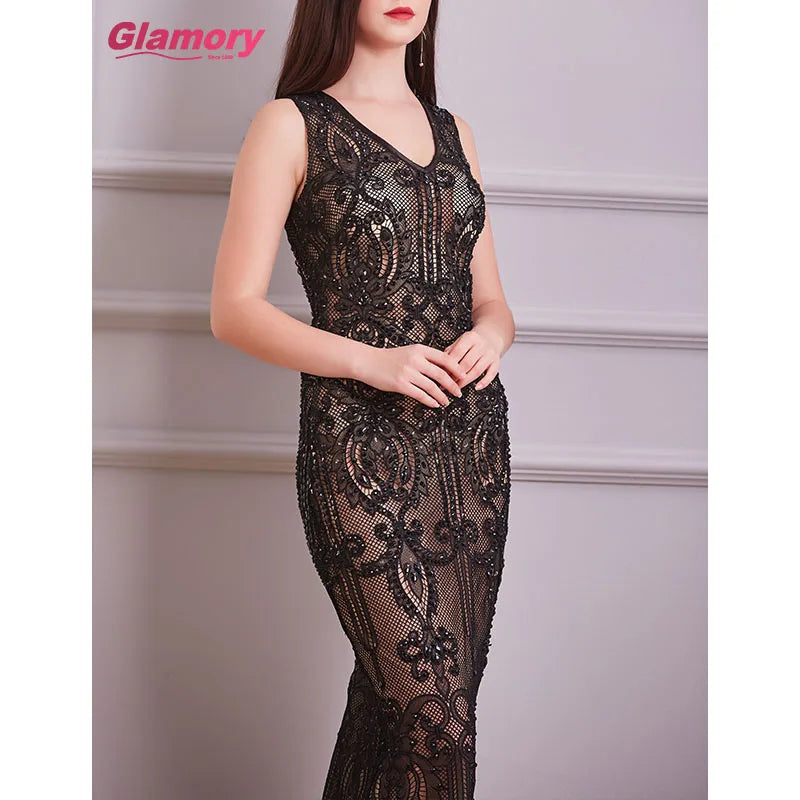 Women Sexy Translucent Black Dresses V-neck Sleeveless Bodycon Long Dance Party Cocktail Evening Dress