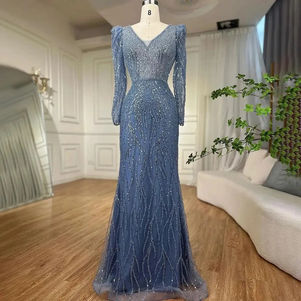 Muslim V-Neck Long Sleeves Mermaid Beaded Evening Dress Elegant Formal Party Gowns 2025 for Women